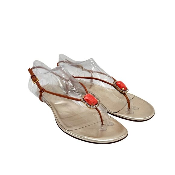 VTG Valentino Gold Thong Flat Sandals Sz.10 Coral Rhinestones Boho Designer - Picture 6 of 16
